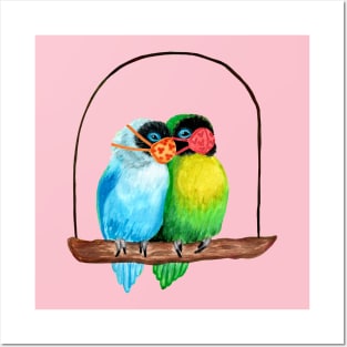 Lovebirds Wearing Face Masks Watercolor Posters and Art